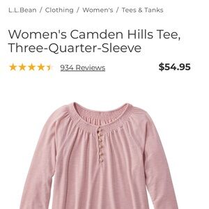 LL BEAN womens Sz Small Camden Hills Tee Smocked  3/4 Sleeve Pink Shirt New NWT
